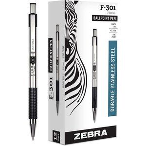 Pen F-301 Ballpoint Stainless Steel Barrel Fine Point 0.7mm Black Ink 12-Pack